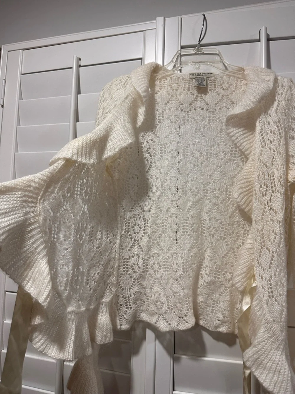 Next Era Couture Cream Lace Knit Cardigan Ruffle Bell Sleeve Tie Front Boho  Y2K - Picture 10 of 11